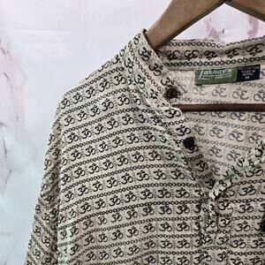Om Print Shirt Mens Medium Brown Long Sleeve Henley Button Napal Namaste